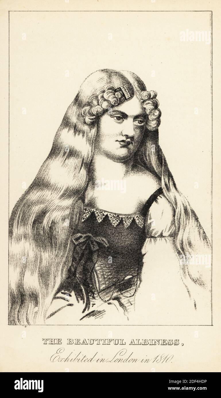 Miss Harvey, Albino Frau mit Seidenhaar perfekt weiß und rosa Augen. Sie wurde 1800 in Brookes’ Original Menagerie und 1810 in Whigleys Royal Promenade Rooms, Spring Gardens (Charing Cross) ausgestellt. Die schöne Albiness, ausgestellt in London. Lithographie nach einem Kupferstich von Robert Cooper aus Henry Wilson und James Caulfield's Book of Wonderful Characters, Memoirs and Anecdotes, von bemerkenswerten und exzentrischen Personen aller Altersgruppen und Länder, John Camden Hotten, Piccadilly, London, 1869. Stockfoto