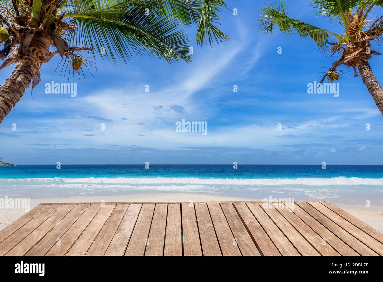 Kokospalmen in tropischen Strand und Holztisch für Strandparty Stockfoto