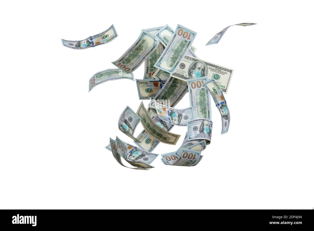 100 US-Dollar Geldscheine fallen Bargeld mit einer Gesichtsmaske gegen Infektion, auf weißem Hintergrund. Coronavirus Covid-19 in der Welt. Stockfoto 100 US-Dollar Geldscheine fallen Bargeld mit einer Gesichtsmaske gegen Infektion, auf weißem Hintergrund. Coronavirus Covid-19 in der Welt. Stockfoto