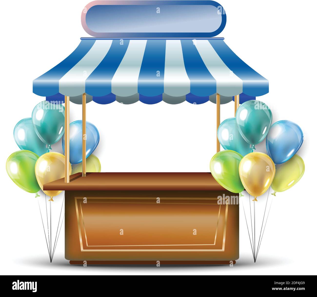 Isolierte Abbildung auf weißem Hintergrund. Feier Stand oder Kiosk mit vielen bunten Ballons und Schild für Ihren Text gibt. Stock Vektor