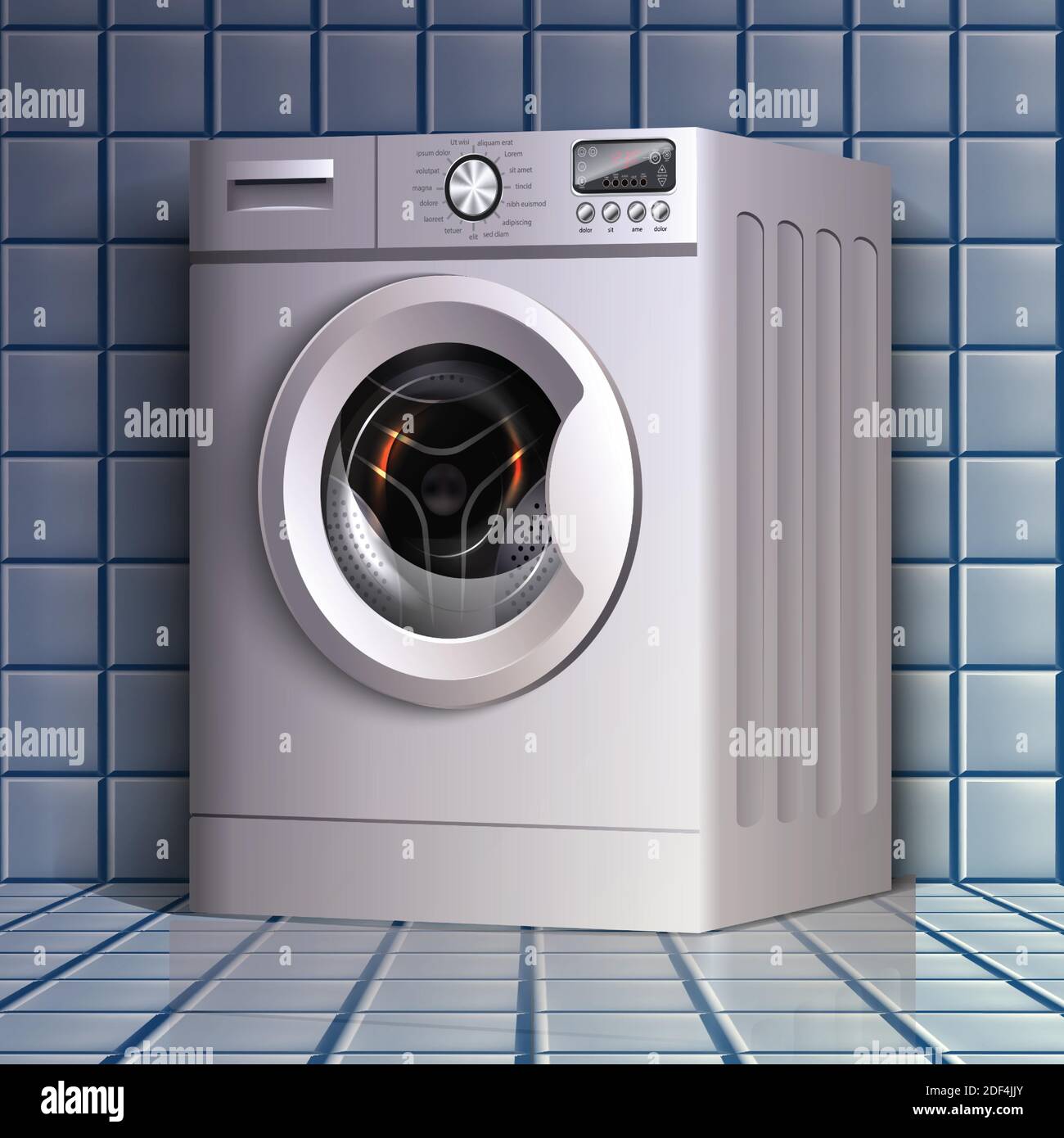 Realistische Vektor Wäscheständer in perspektivischer Ansicht auf dem Badezimmer blau Fliesenboden, Vorlage für Abdeckung oder Banner. Stock Vektor
