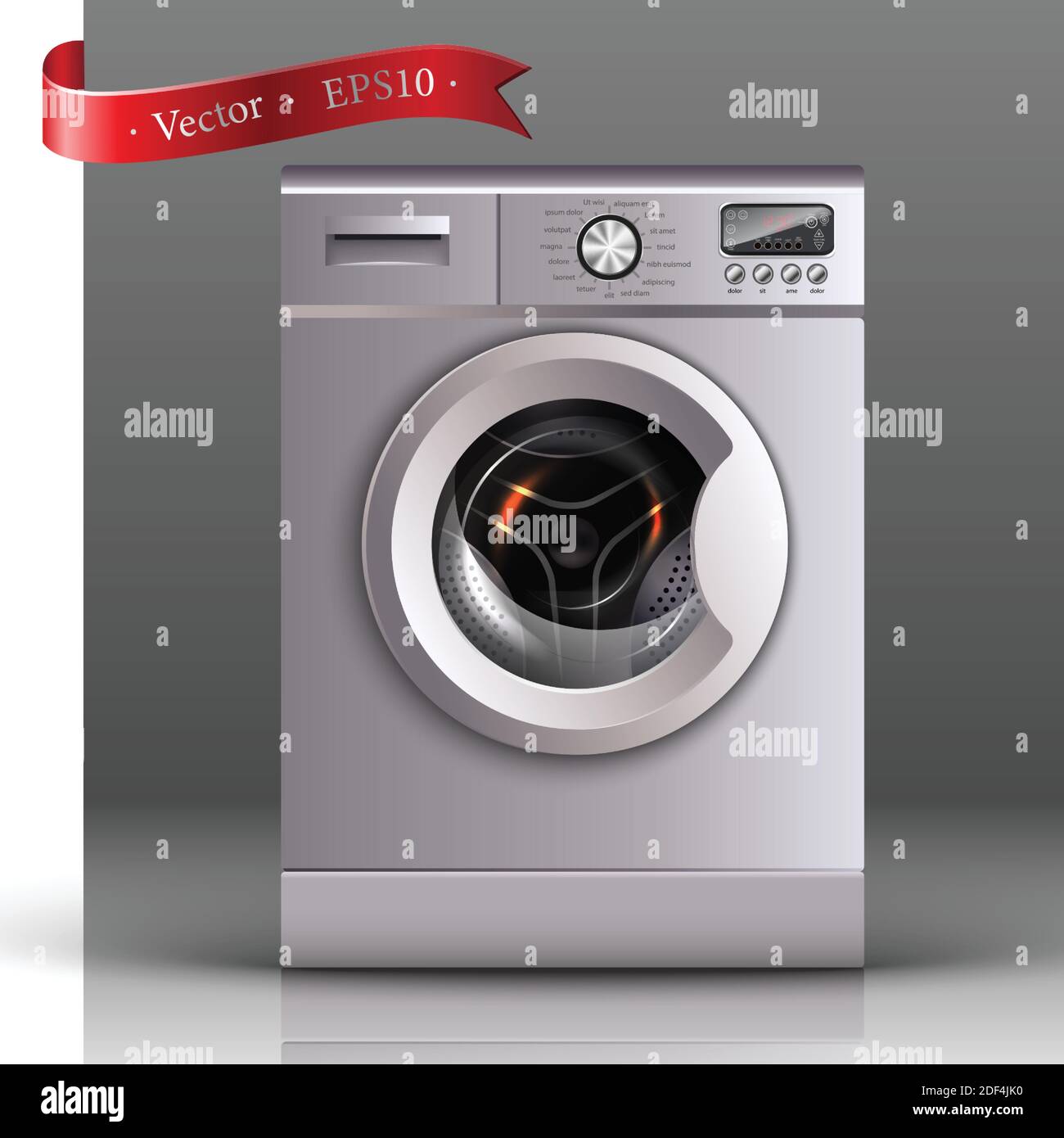 Realistische Vektor-Waschmaschine in der Vorderansicht auf dem grauen Hintergrund, Vorlage für Cover oder Banner. Stock Vektor Realistische Vektor-Waschmaschine in der Vorderansicht auf dem grauen Hintergrund, Vorlage für Cover oder Banner. Stock Vektor