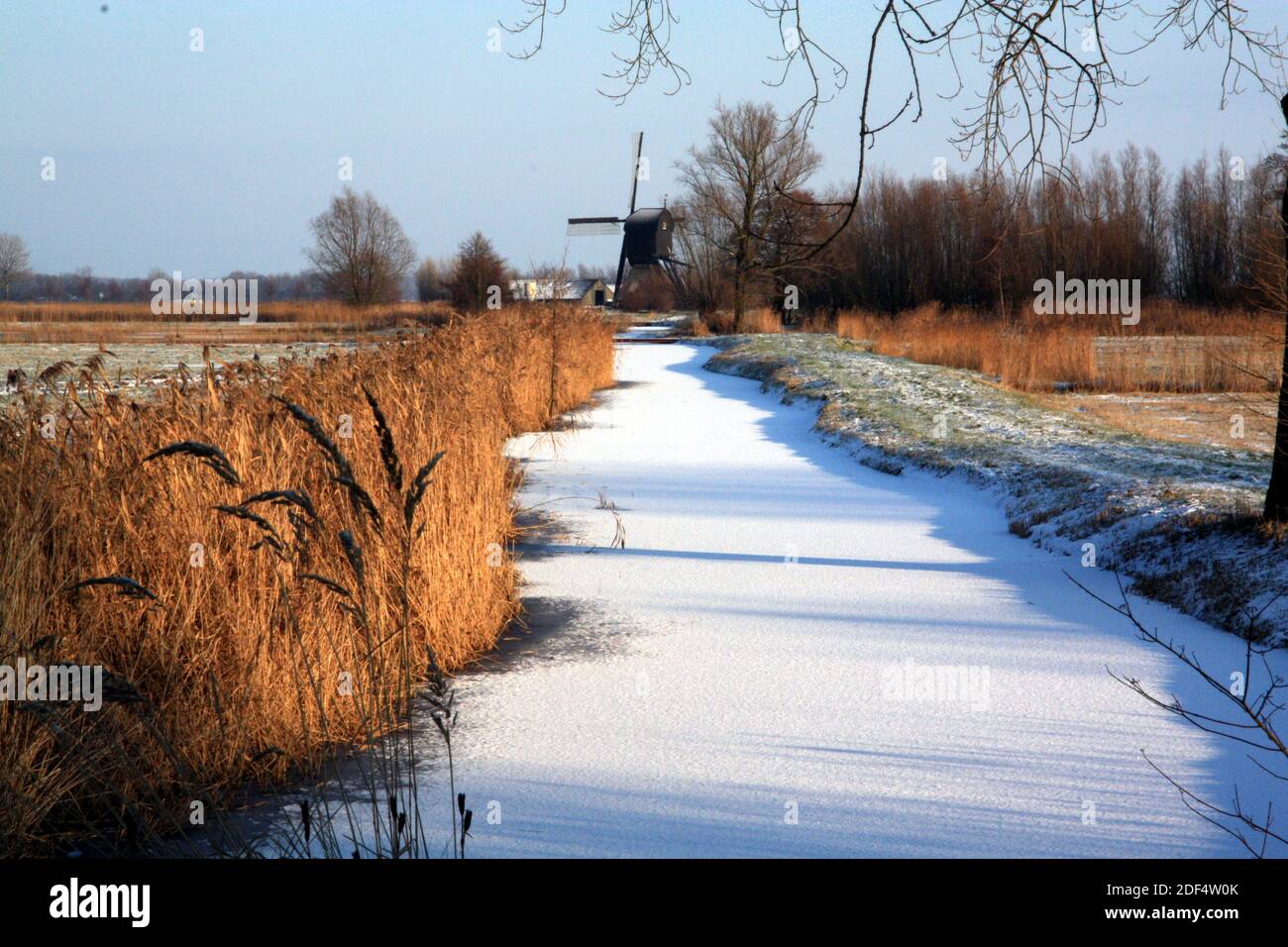 Eine Winterlandschaft mit Gehweg mit unberührten schweren bedeckt Schnee mit einer alten Windmühle in den Niederlanden Stockfoto