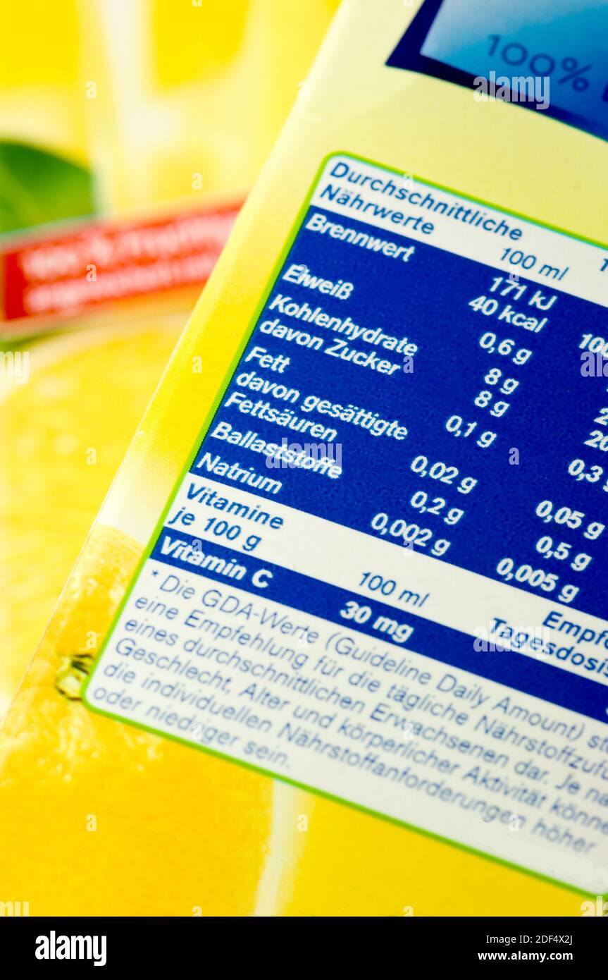 Nehmwerttabelle auf einer Lebensmittelverpackung Stockfoto