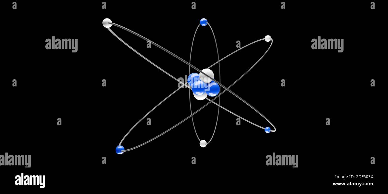 3D-Modell eines Atoms mit Atomkern, Elektronen, Protonen und Neutronen umkreisen, Kreisbahn, cgi Rendering Illustration, schwarzer Hintergrund, Rendering Stockfoto
