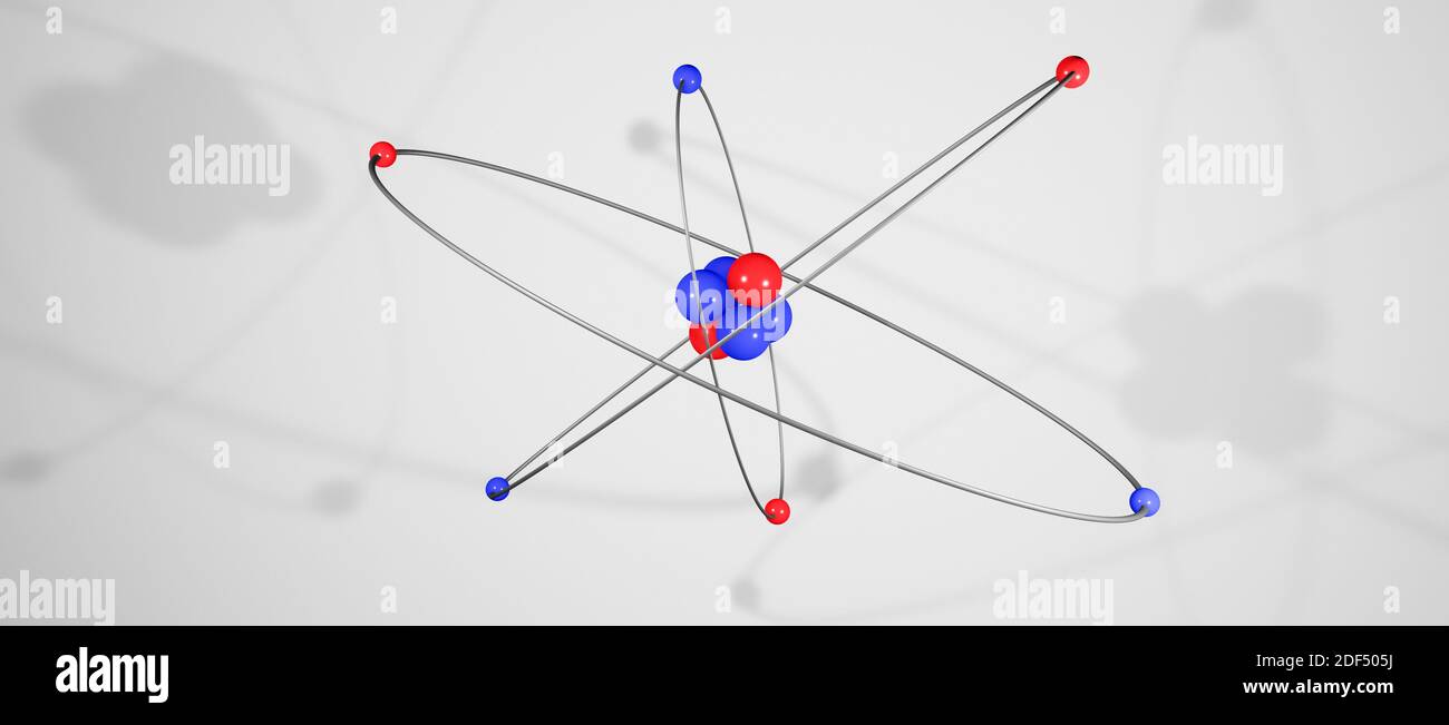 3D-Modell eines Atoms mit Atomkern, Elektronen, Protonen und Neutronen umkreisen, kreisförmiger Pfad, cgi Rendering Illustration, weißer Hintergrund, Rendering Stockfoto