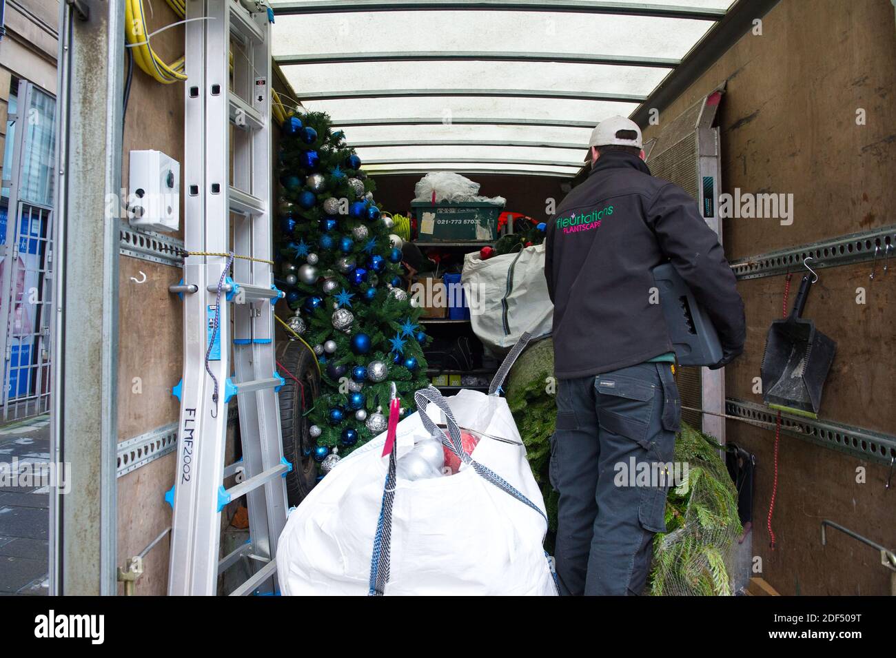 Glasgow, Schottland, Großbritannien. Dezember 2020. Im Bild: Mitarbeiter der festlichen Firma Fleurtations liefern einen echten Weihnachtsbaum aus ihrem Van ins Italienische Zentrum in Glasgow. Quelle: Colin Fisher/Alamy Live News Stockfoto