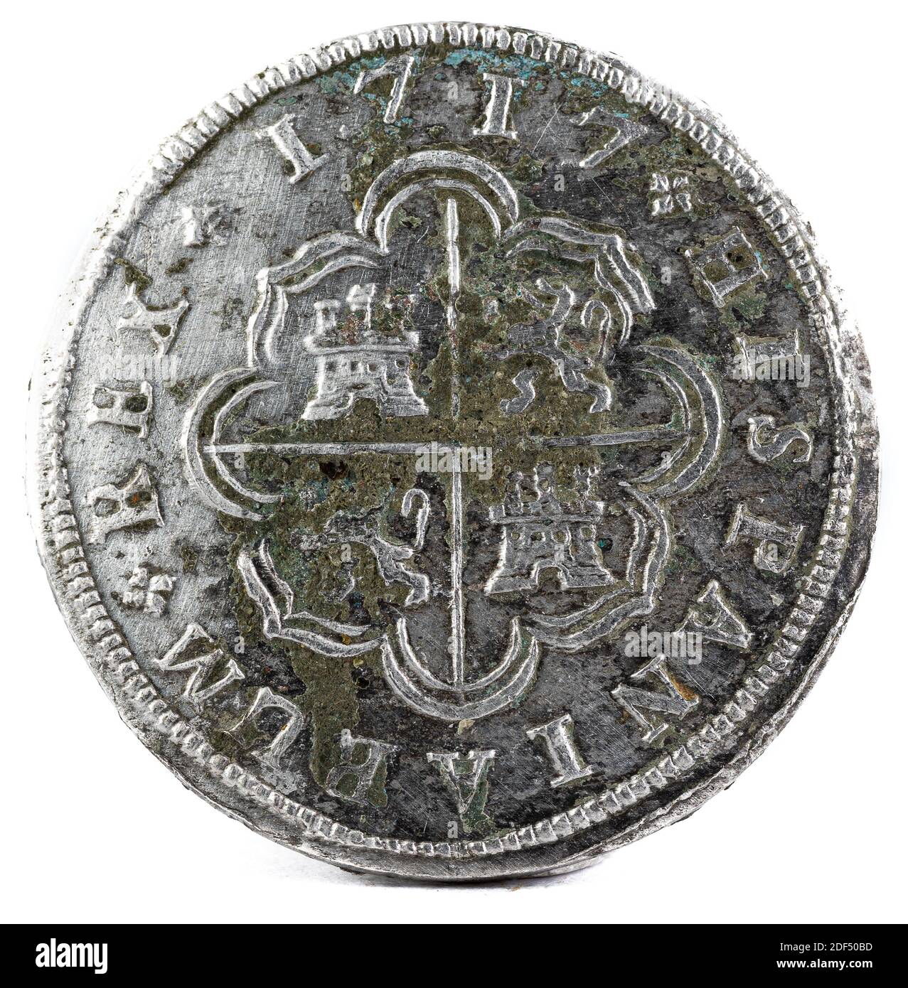 Alte spanische Silbermünze der König Felipe V. 1717. In Madrid geprägt. 2 Reales. Rückwärts. Stockfoto