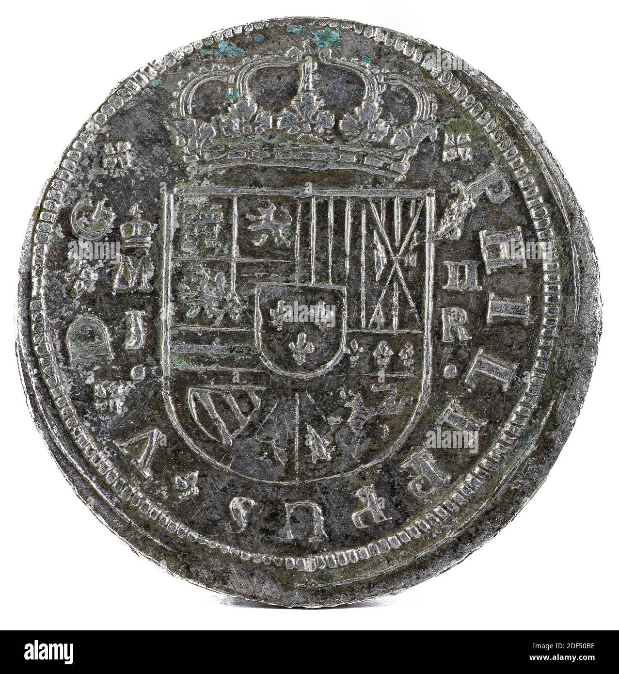 Eine alte spanische Silbermünze des Königs Felipe V. 1717. Geprägt in Madrid. 2 Reales. Vorderseite. Stockfoto