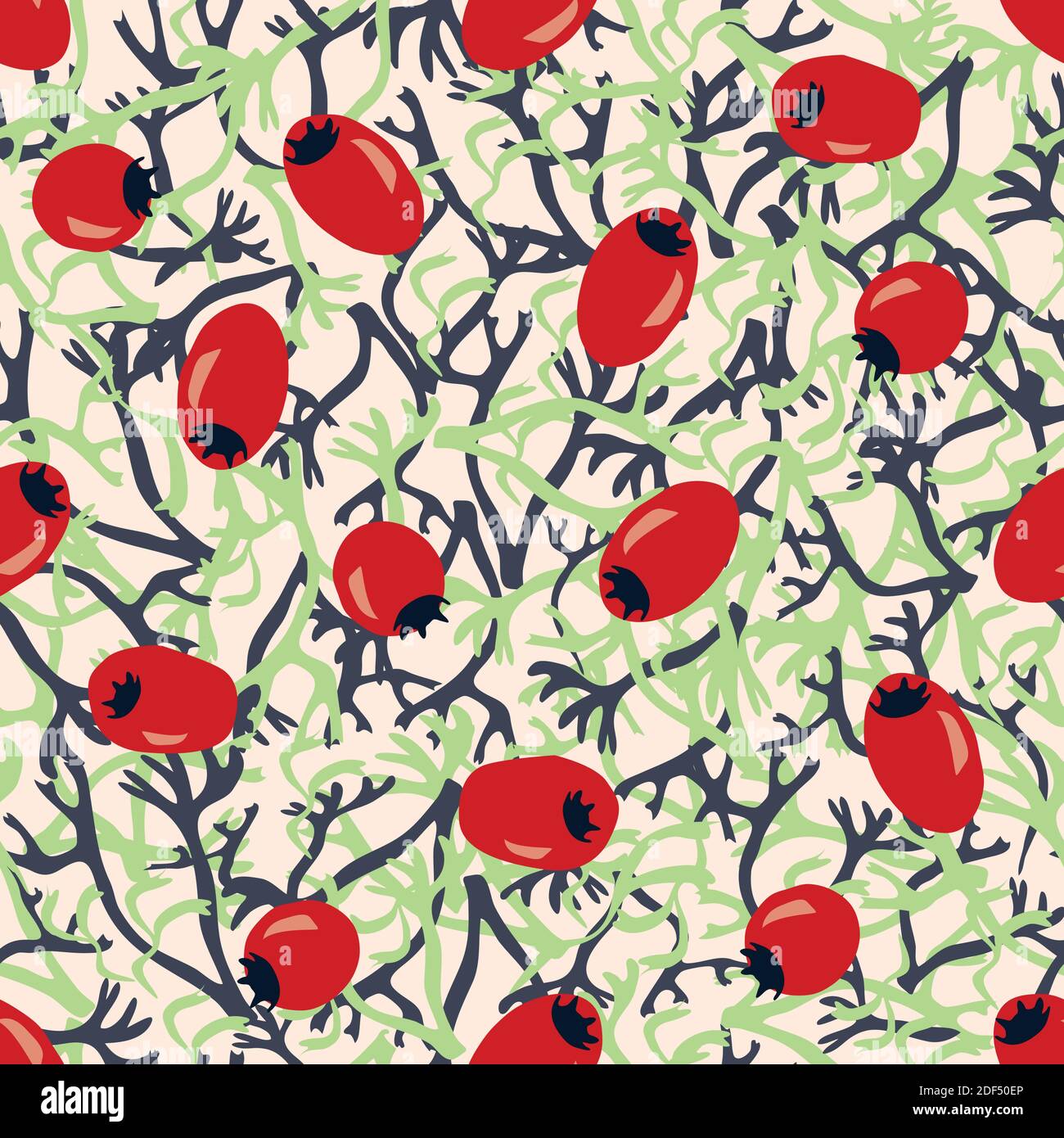 Silbrig grüne Flechten und rote Beeren nahtlose Vektor-Muster Hintergrund. Überlappende Hand gezeichnete Eichenmoos Blätter und helle Frucht. Winterstruktur Stock Vektor