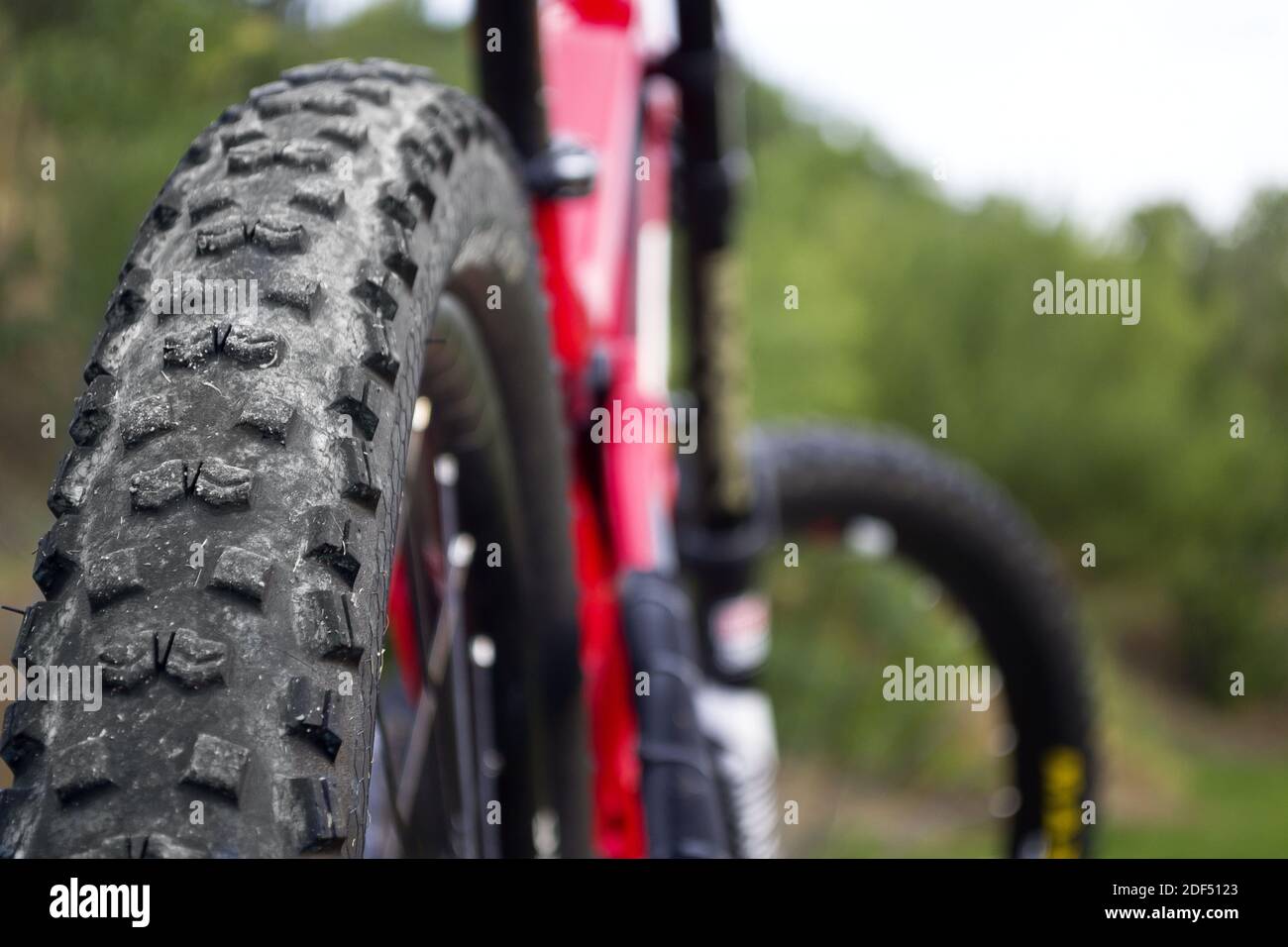Rückaufnahme des Mountainbikes. Hinterrad. Mountainbike-Reifen. Reifen 27,5 Zoll MTB Fahrradkomponente. Stockfoto
