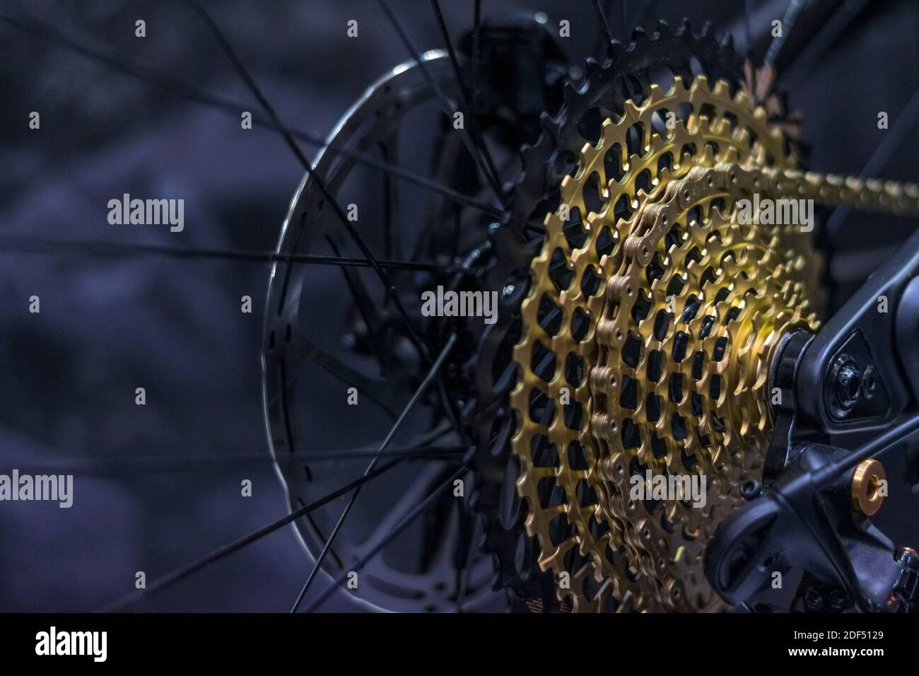 Modernes Fahrradgetriebe mit Goldkassette und vielen Zahnrädern. 12-Speed- Fahrrad cassete Stockfotografie - Alamy