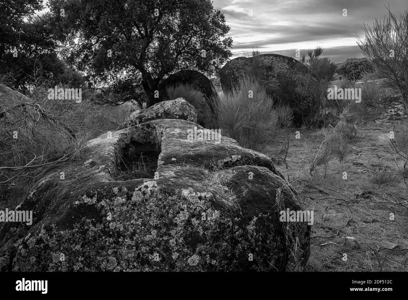 Eine Graustufenaufnahme großer Felsformationen im Naturgebiet von Los Barruecos, Malpartida, Spanien Stockfoto