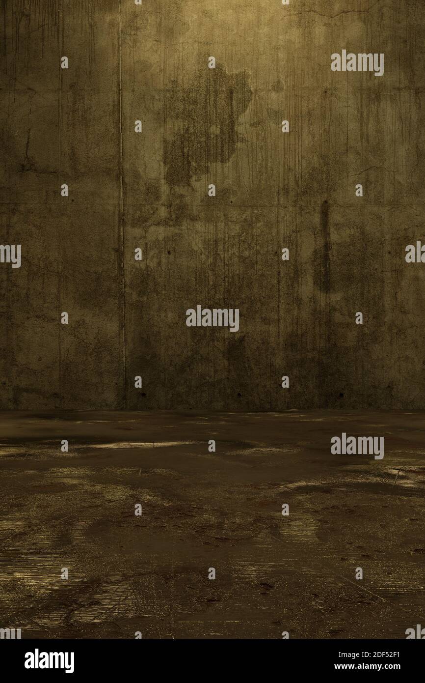 3d-Rendering von Grunge Boden mit Pfützen vor Betonwand Stockfoto