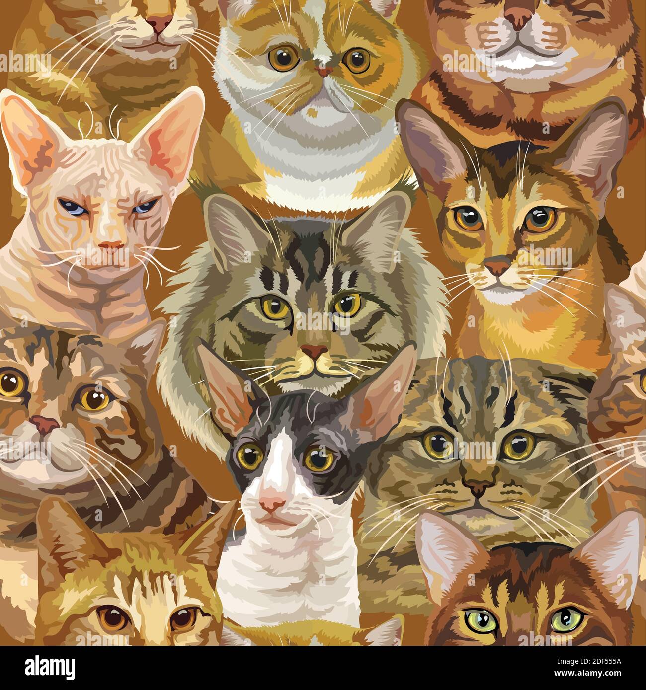 Vektor semless Muster mit realistischen Katzen züchtet Porträts. Bunte Hintergrund für die Erstellung von Textilien, Tapete, Papier, Hochzeit Einladung, Design, Stock Vektor