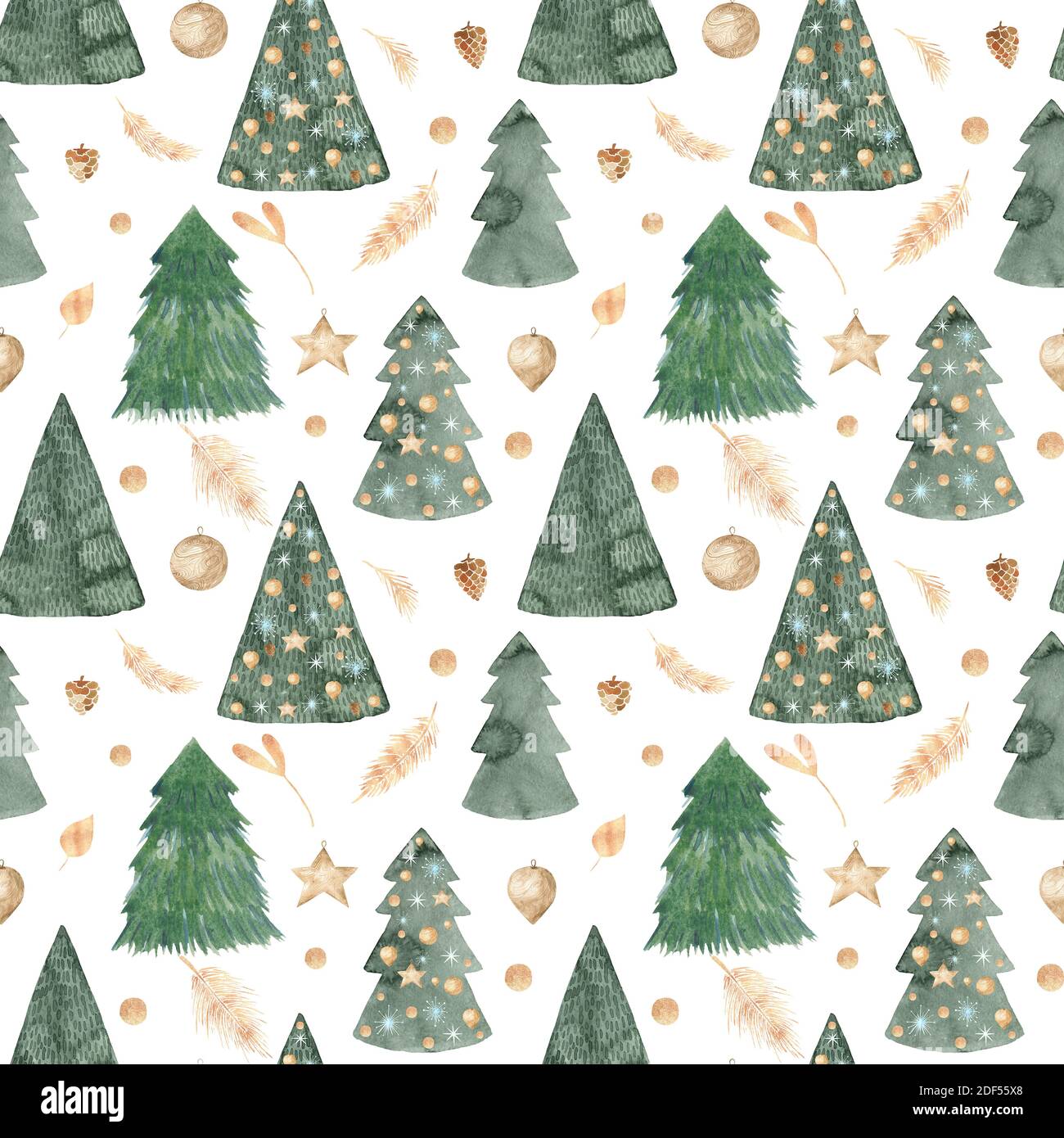 Aquarell Weihnachtsmuster, Weihnachtsbaum, Texturen. Nahtloses Muster handbemalte Winterelemente auf weißem Hintergrund Stockfoto