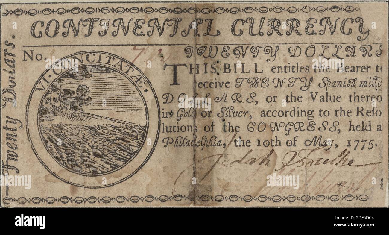 Papiergeld, Standbild, Dokumente, 1775, Vereinigte Staaten Stockfoto