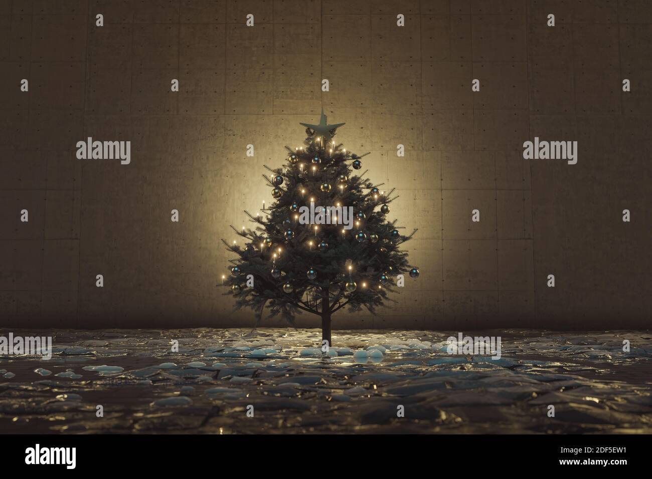 3D-Rendering der Weihnachtsbaum mit Weihnachtskugeln vor Beton Wand dekoriert Stockfoto