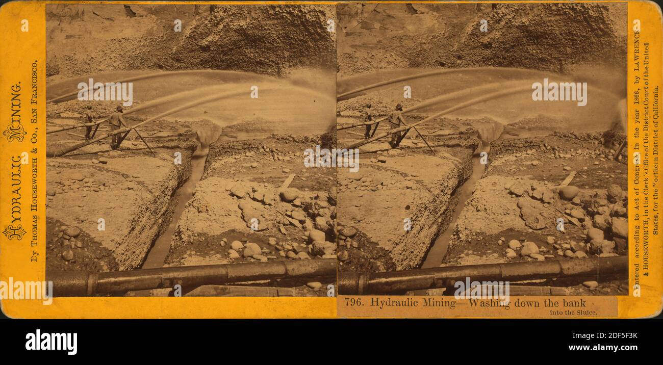 Hydraulischer Bergbau - Abwaschen der Bank in die Schleuse., Standbild, Stereographen, 1863 - 1868 Stockfoto