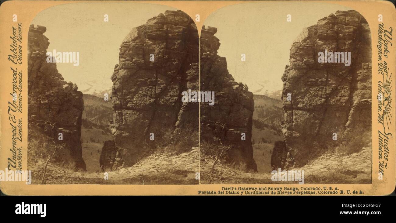 Devil's Gateway and Snowy Range, Colorado, USA, Standbild, Stereogramme, 1850 - 1930 Stockfoto