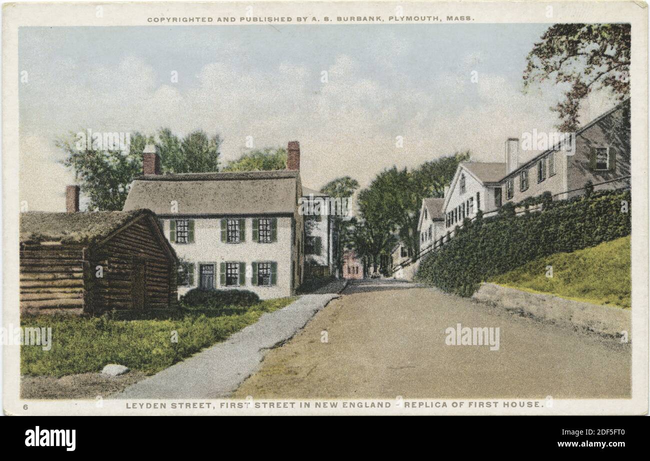 Leyden Street, First Street in New England - Replik des First House, Standbild, Postkarten, 1898 - 1931 Stockfoto