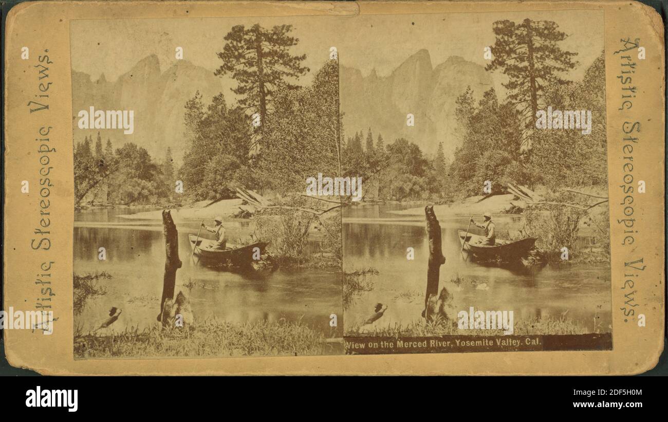 Blick auf den Merced River, Yosemite Valley, Cal., Standbild, Stereographen, 1850 - 1930, Roche, T. C. Stockfoto