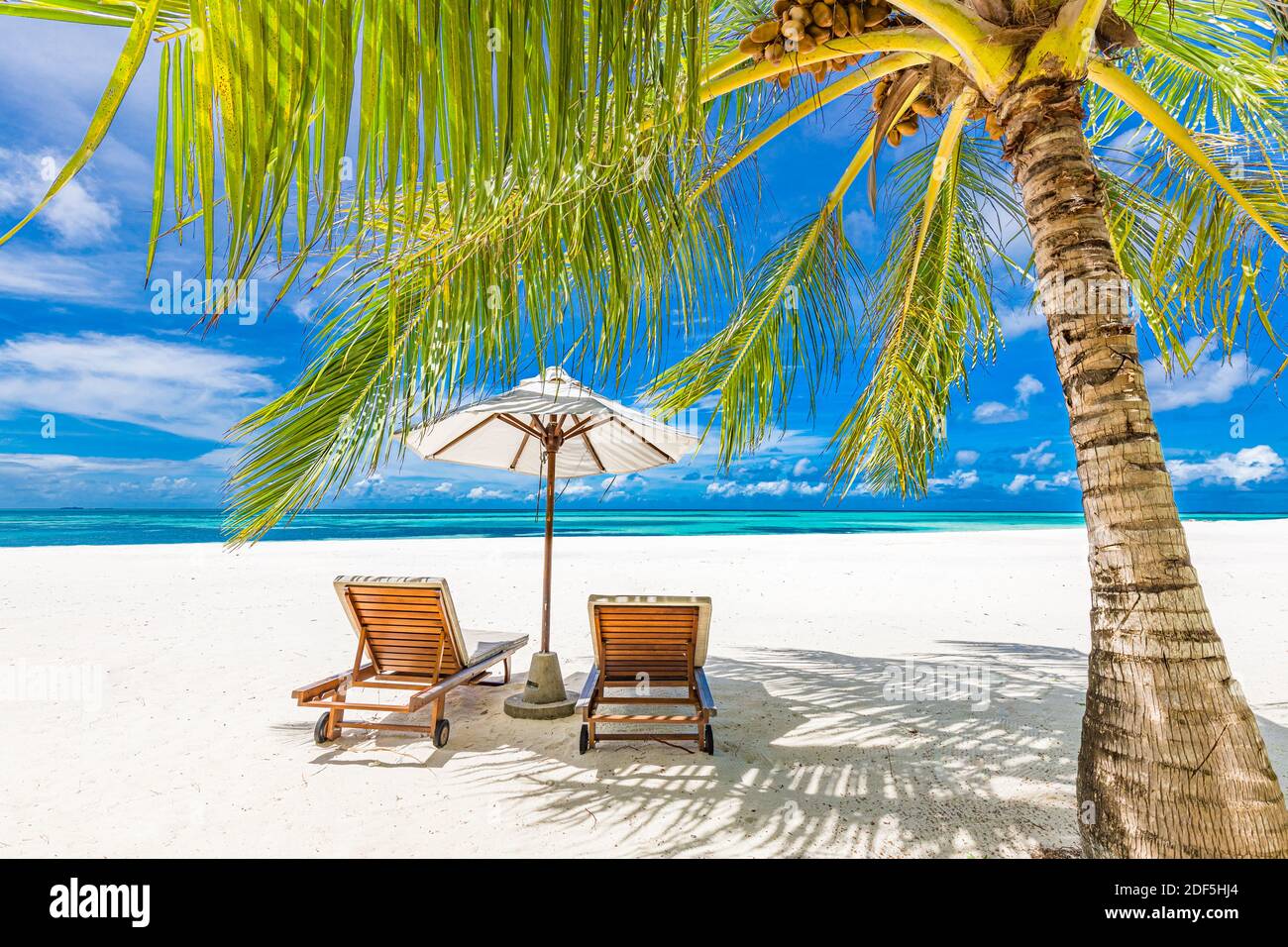 Tropisches Paradies Strand mit weißem Sand und Kokopalmen Reise Tourismus breiten Panorama Hintergrund. Luxus Urlaub und Urlaub Banner tropischen Strand Rest Stockfoto