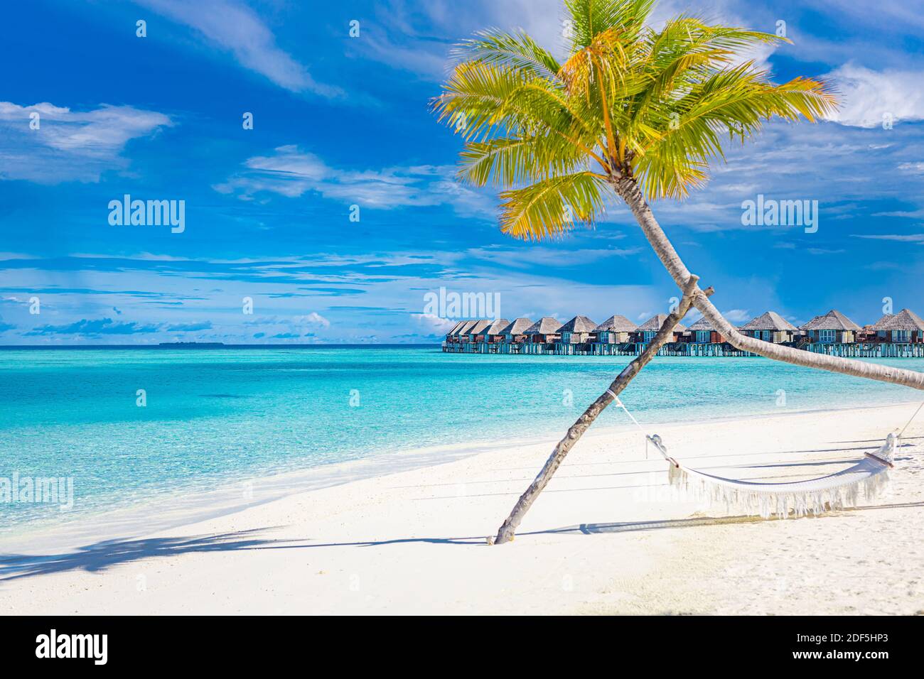 Tropischer Strand Hintergrund als Sommerlandschaft mit Strandschaukel oder Hängematte und weißem Sand und ruhiges Meer für Strand Banner. Perfekter Urlaub am Strand Stockfoto