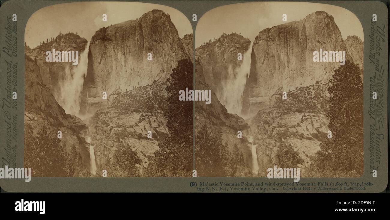 Majestätischer Yosemite Point und windgespritzte Yosemite Falls (1,600 ft. Sprung, NN.N.E.), Yosemite Valley, Cal., Standbild, Stereographen, 1893 - 1904 Stockfoto