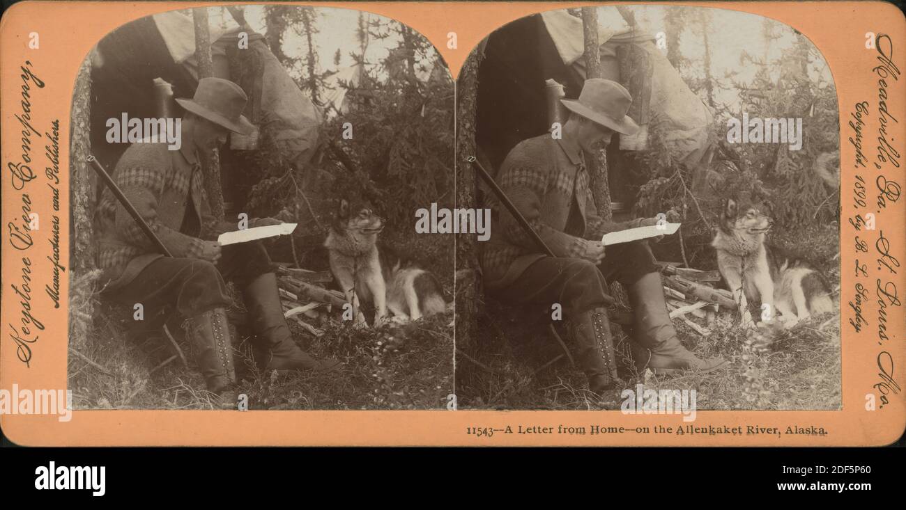 Ein Brief von zu Hause - am Allenkaket River, Alaska., Standbild, Stereographien, 1898 - 1900 Stockfoto