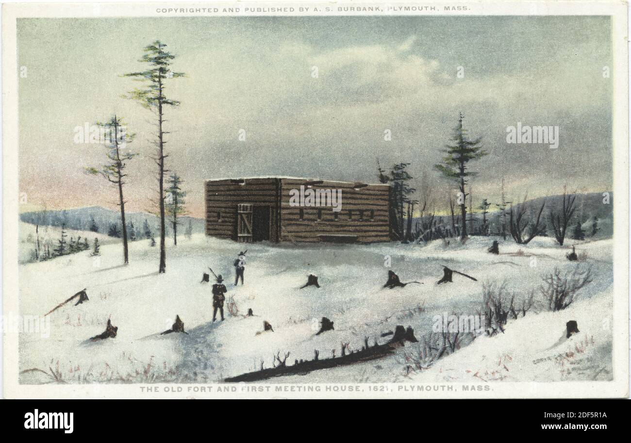 The Old Fort and First Meeting House, 1621, Plymouth, Mass., Standbild, Postkarten, 1898 - 1931 Stockfoto