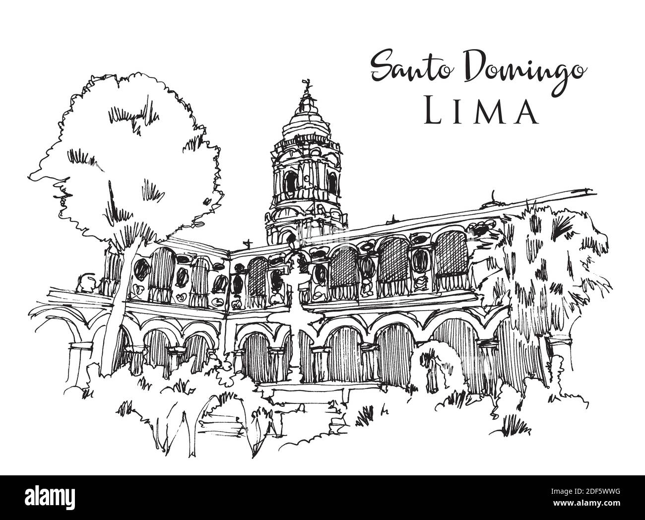 Vektor handgezeichnete Skizzendarstellung der Basilika und des Klosters von Santo Domingo in Lima, Peru Stock Vektor