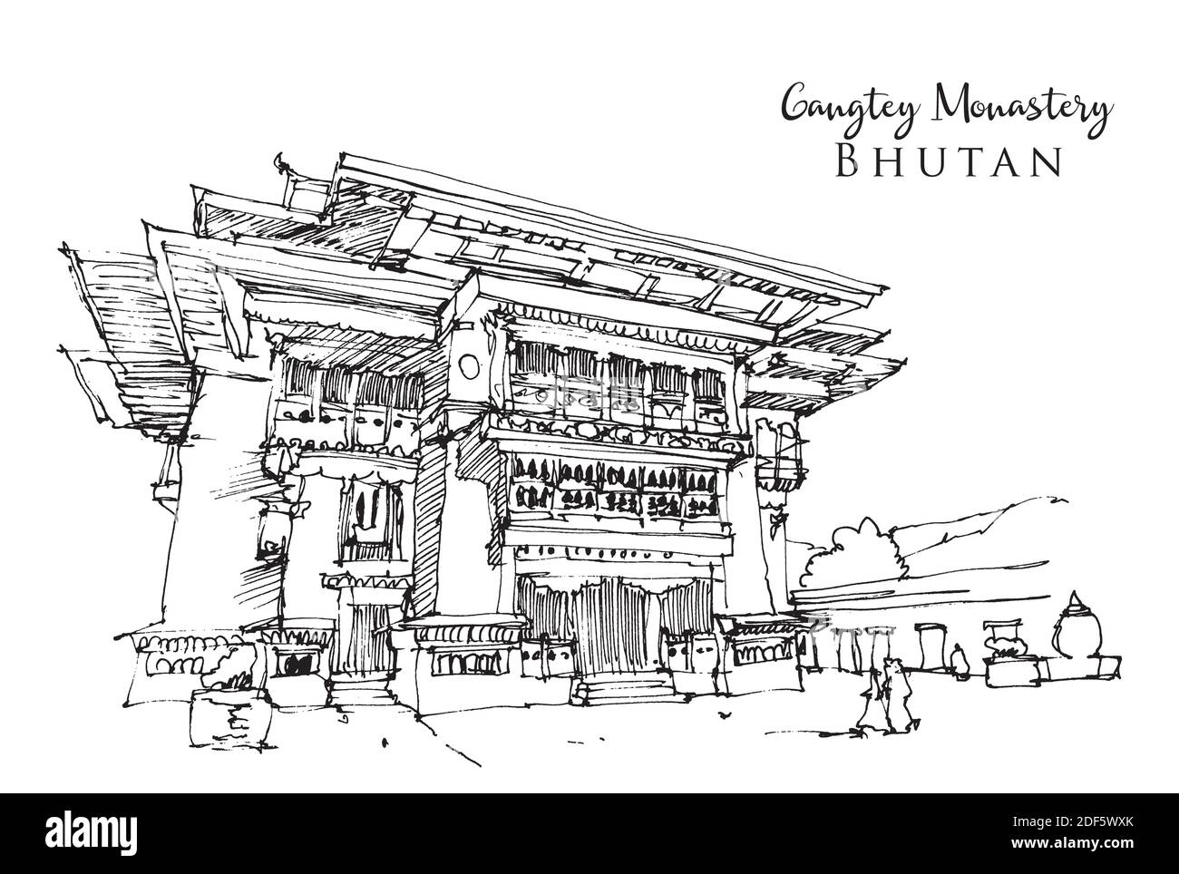 Vektor handgezeichnete Skizze Illustration von Gangtey Kloster in Nyingmapa, Bhutan Stock Vektor