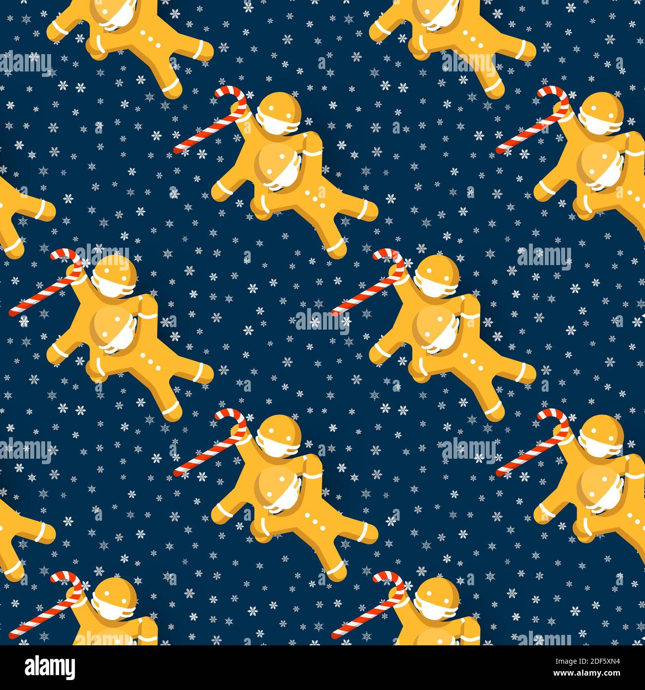 Hand gezeichnet Weihnachten dunkelblau Vektor nahtlose Muster mit Hand gezeichnet Schneeflocken, Süßigkeiten Stöcke und Lebkuchen Männer tragen Masken Stock Vektor