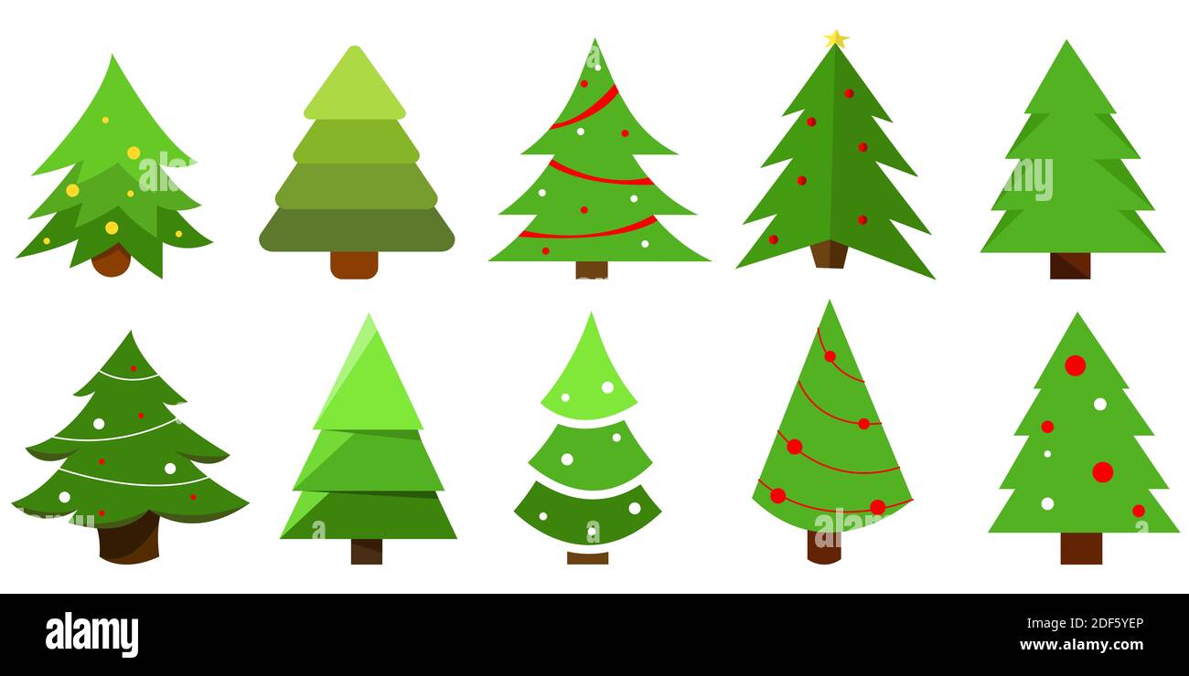 Weihnachtsbaum in verschiedenen Stilen. Vektor-Set von stilisierten Illustration für Urlaub Weihnachten und Neujahr.Baum-Symbol in flachem Design. Weihnachten Cartoon backgroun Stockfoto