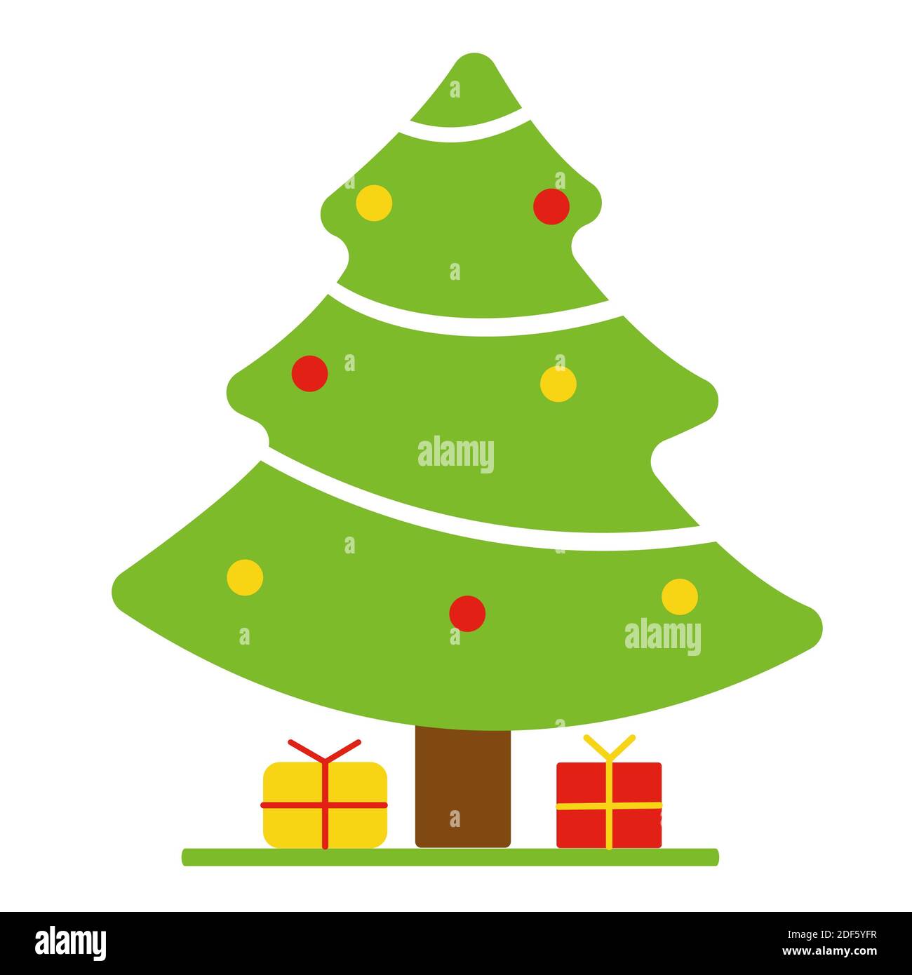 Weihnachtsvektor Illustration von weihnachtsbaum mit roten und gelben Geschenken. Weihnachts-Ikonenbaum in flachem Design Stockfoto