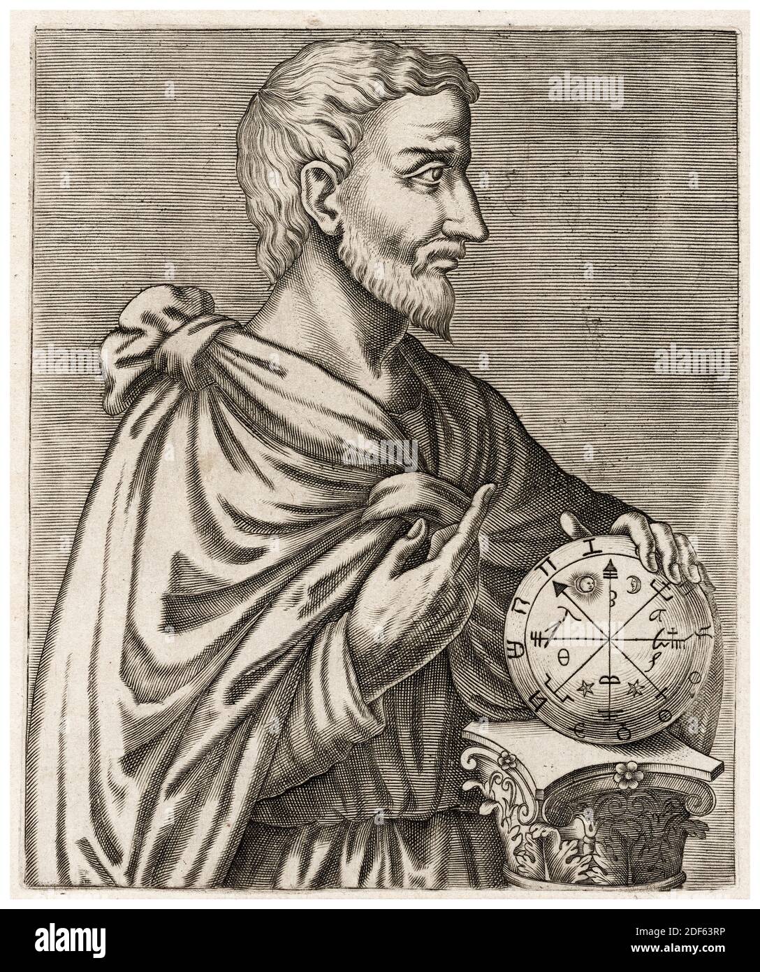 Pythagoras (ca. 570-c. 495 v. Chr.) griechischer Philosoph und Mathematiker, Porträtstich von Andre Thevet, um 1584 Stockfoto
