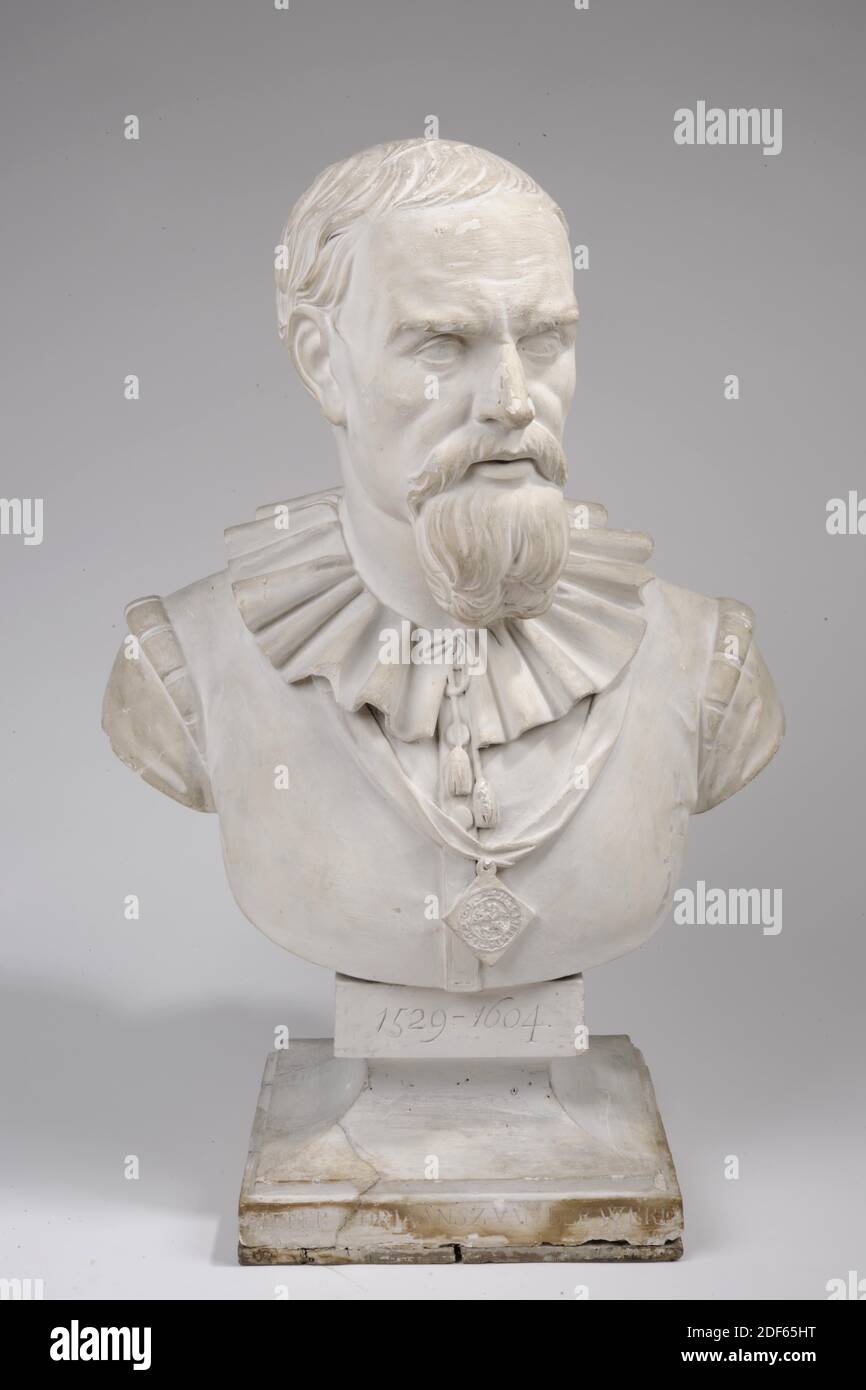 Besetzung, Wilhelmus Bernardus Gerardus Molkenboer, 1865, Besetzung, Allgemein: 79.7 x 52.8 x 34,5cm 797 x 528 x 345mm, Bürgermeister, Männerportrait, Büste, antwerpen, Gipsabguss der Büste des Bürgermeisters von Leiden während der Belagerung von Leiden Pieter Adriaansz van der Werf. Es zeigt das Porträt eines Mannes mit kurzen Haaren und einem Kinnbart und einem Faltenkragen und einem Büroschild auf einem Band um den Hals. Die Büste ist auf einem quadratischen, ausgestellten Sockel mit der Aufschrift oben: 1529-1604, und unten: PIETER ADRIAANSZ VAN DER WERF, 1916 Stockfoto