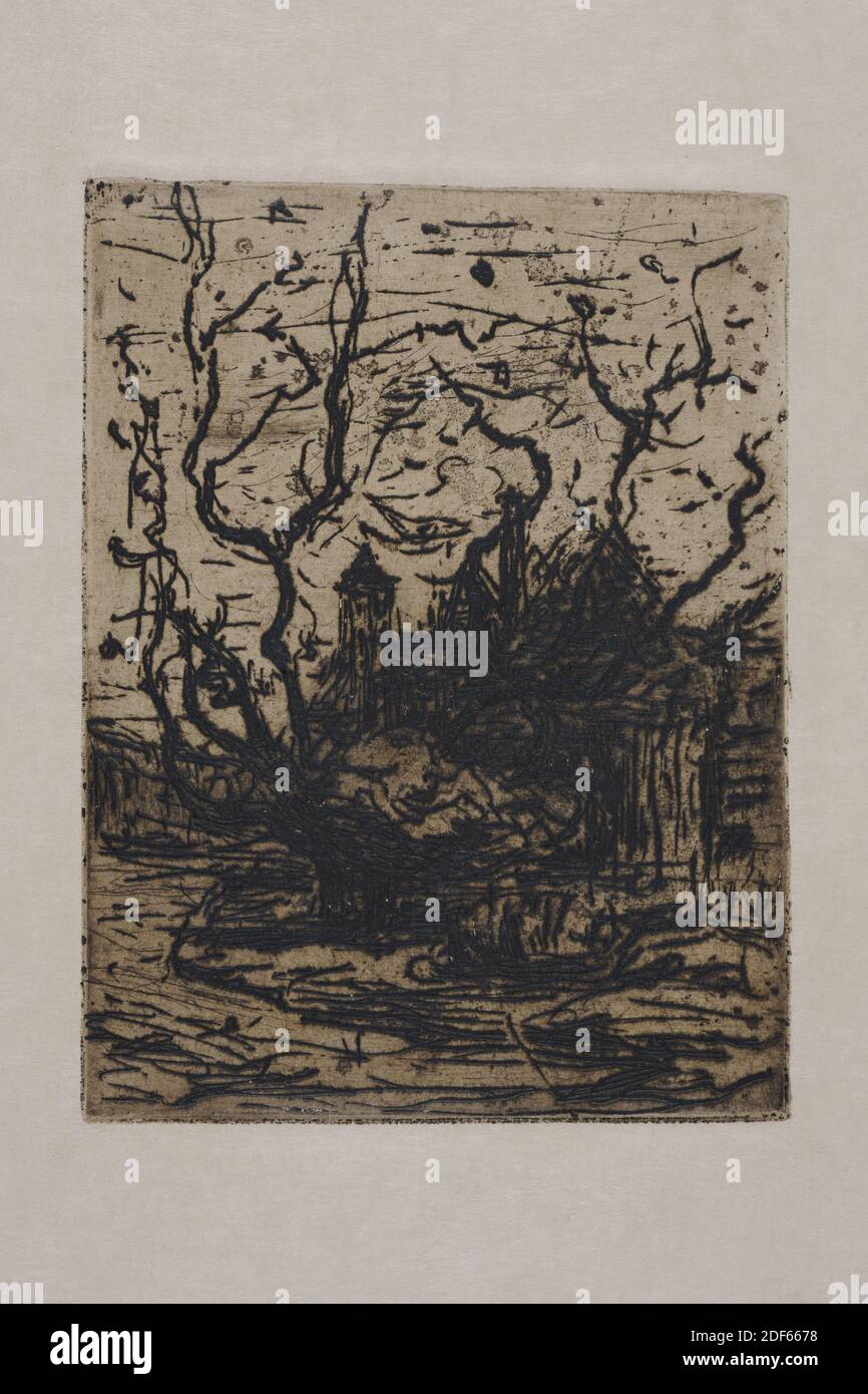 Radierung, Floris Verster, 1889, Papier, Tinte, gedruckt, Bildgröße: 15.2 x 11,5cm (152 x 115 mm), Träger: 32.4 x 24,9 cm (324 x 249 mm), Tagesgröße: 16.6 x 12 , 8 cm (166 x 128 mm), mit Passe-Ausschnitt: 50.3 x 32,8 cm (503 x 328 mm), Turm (Struktur), Baum, Radierung auf Papier mit einem Turm. Der Turm ist links von der Mitte zu sehen. Es gibt eine Reihe von Bäumen in der Nähe des Turms. Nicht signiert. Radierung ist ein zeitgenössischer Druck aus der Zeit des Künstlers selbst, 1939 Stockfoto