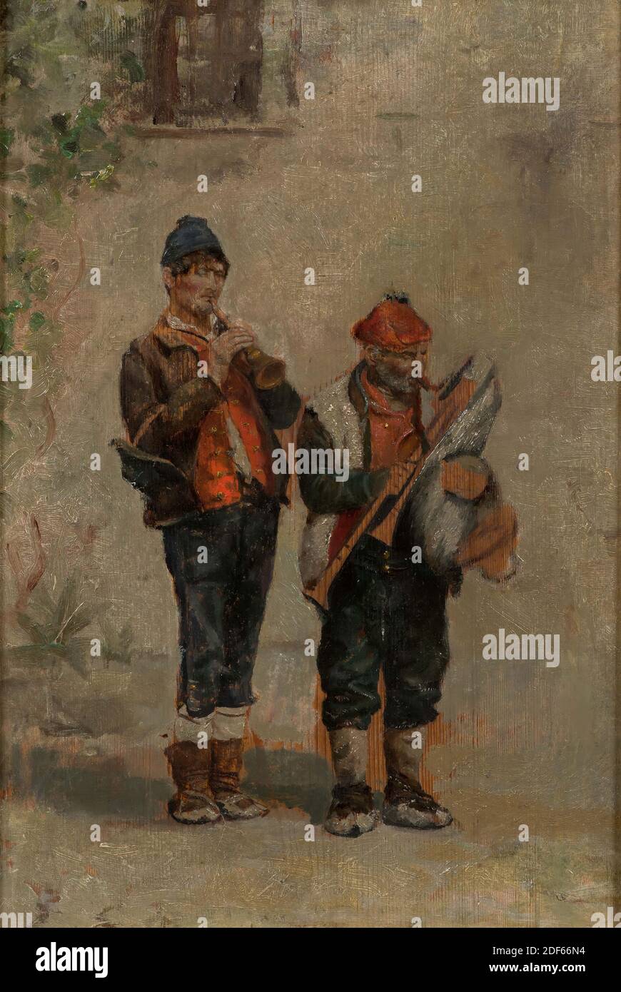 Malerei, Menso Kamerlingh Onnes, ca. 1875, Tafel, Ölfarbe, bemalt, Träger: 48.5 × 32.7 × 2cm (485 × 327 × 20mm), mit Rahmen: 58.7 × 43.3 4cm (587 × 433 × 40mm), Dudelsack, Klarinette, Musizieren, Mann, Malerei, die zwei italienische Straßenmusiker zeigt. Vor einer grauen Wand mit einem vagen Hinweis auf Schrepfe und einem Gitterfenster auf der linken Seite stehen zwei Männer etwas rechts und stechen in Hirtenkleidung. Der linke spielt Klarinette und trägt eine schwarze Mütze, ein weißes Hemd, eine rote Weste mit Kupferknöpfen, eine dunkle Jacke, eine Hose mit weißen Leggings und breite Stiefel. A Stockfoto
