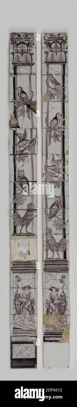 fliesenplatte, Anonymous, zwei Fliesenplatten in Form von Kamin Pilaster von Steingut mit Zinn Glasur in lila lackiert bedeckt, zwischen 1750-1825 Stockfoto