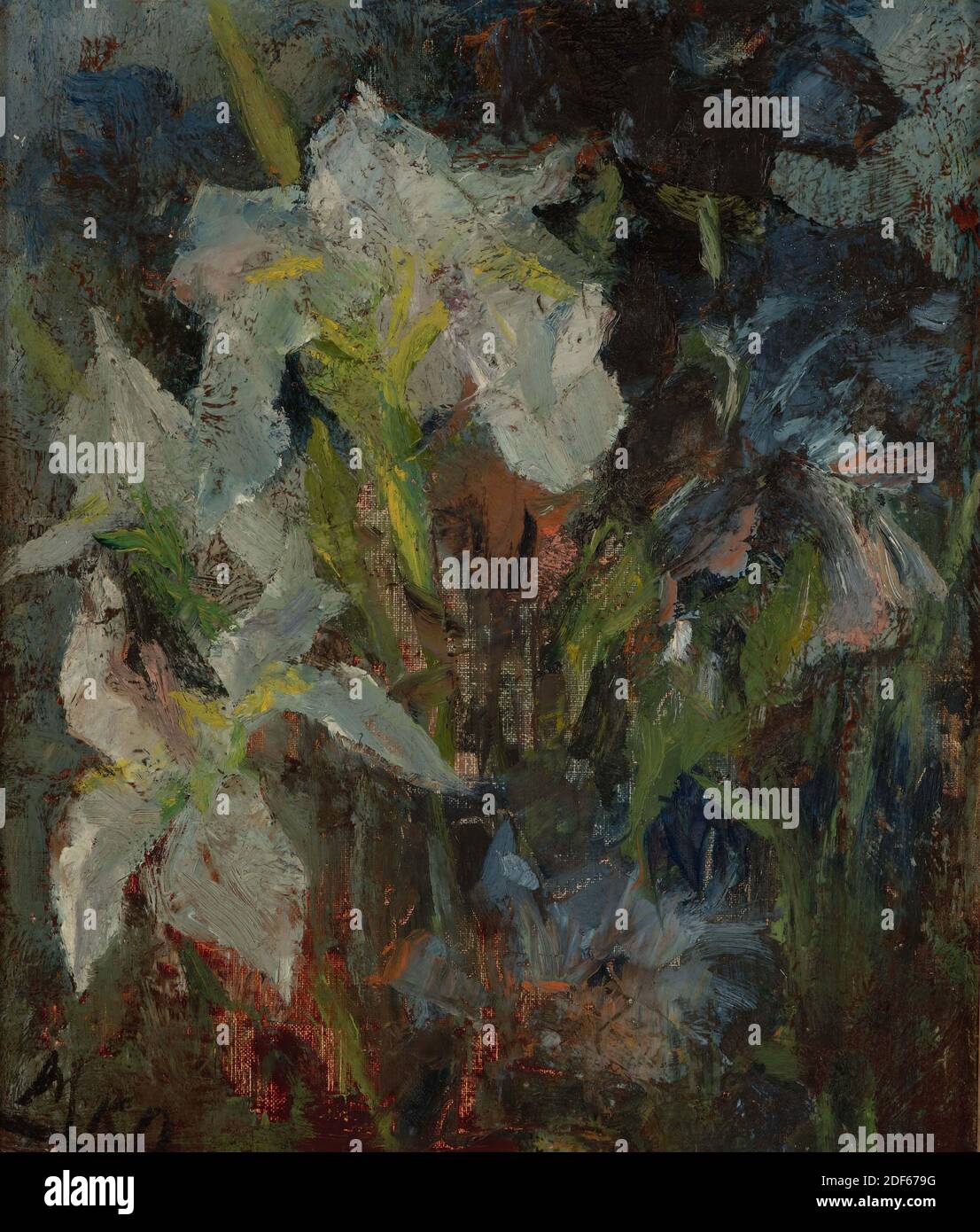 Malerei, Menso Kamerlingh Onnes, ca. 1890, Signatur vorne, unten links: MKO, Leinwand, Ölfarbe, bemalt, Träger: 37 × 32 × 1,5 cm (370 × 320 × 15 mm), mit Rahmen: 50 × 44 , 8 × 4,5 cm (500 × 448 × 45 mm), Stillleben, Iris, Stillleben mit Blumen. Abgebildet ist eine Blumenarrangement mit ein paar weißen Iris auf der linken Seite und mehrere blaue Iris auf der rechten Seite. Der Hintergrund ist blau-grau. Signiert unten links. Das Gemälde ist in einem schwarz bemalten Holzrahmen mit einem vergoldeten Innenkante, 1956 Stockfoto