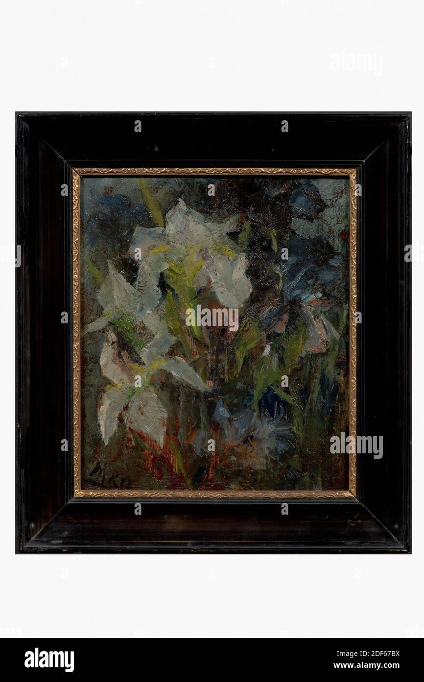 Malerei, Menso Kamerlingh Onnes, ca. 1890, Signatur vorne, unten links: MKO, Leinwand, Ölfarbe, bemalt, Träger: 37 × 32 × 1,5 cm (370 × 320 × 15 mm), mit Rahmen: 50 × 44 , 8 × 4,5 cm (500 × 448 × 45 mm), Stillleben, Iris, Stillleben mit Blumen. Abgebildet ist eine Blumenarrangement mit ein paar weißen Iris auf der linken Seite und mehrere blaue Iris auf der rechten Seite. Der Hintergrund ist blau-grau. Signiert unten links. Das Gemälde ist in einem schwarz bemalten Holzrahmen mit einem vergoldeten Innenkante, 1956 Stockfoto