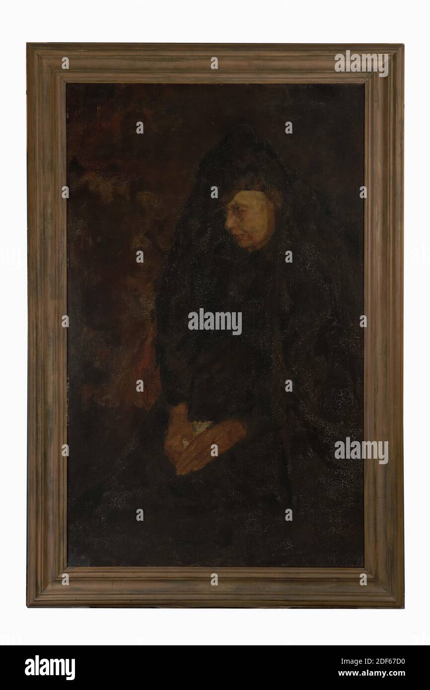 Malerei, Menso Kamerlingh Onnes, c. 1890, Unterschrift vorne, unten rechts: M, Leinwand, Ölfarbe, bemalt, Träger: 159 × 99 × 2.5cm 1590 × 990 × 25mm, mit Rahmen: 184.5 × 118 × 6cm 1845 × 1180 × 60mm, Frauenporträt, Frauenporträt: Anna Gerdina Coers, die Mutter des Malers, im fortgeschrittenen Alter. Sie ist bis auf die Knie abgebildet, fast ganz nach links gedreht und schaut nach unten. Sie hält ein Taschentuch in der rechten Hand und legt es links auf ihren Schoß. Sie trägt einen schwarzen Schleier über ihrem Kopf und ist in eine schwarze Robe gekleidet. Sie wird vor einem dunklen Hintergrund gezeigt. Unterer Unterteil mit Unterschrift Stockfoto