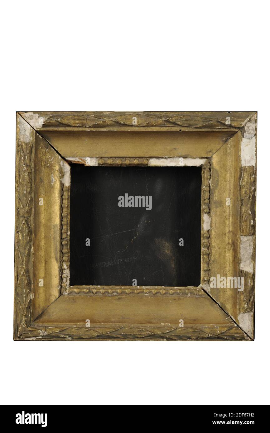 Bilderrahmen, Anonymous, 18. Jahrhundert, Kiefernholz, vergoldet, vergoldet, vergoldet Bilderrahmen, Louis XVI Stil, aus Kiefernholz mit Lorbeerkrone entlang der inneren und äußeren Kante. Der Rahmen ist profiliert, allgemein: 16 x 16.7 x 3cm (160 x 167 x 30mm), Innenmaß: 8.8 x 10cm (88 x 100mm Stockfoto