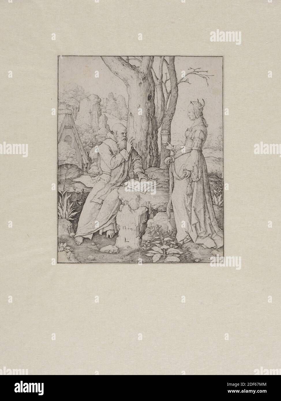 Radierung, Lucas van Leyden, 1509, Signature Front, auf dem Felsen: 1509 L, Tusche, Papier, bedruckt, Träger: 18.5 x 14,8cm (185 x 148mm), Tagesgröße: 19.2 x 15,6cm (192 x 156mm), mit Passe-Partout: 42.5 x 30cm (425 x 300mm), heiliger, Buch, Frau, Gebäude, Mann, Baum, Radierung mit Darstellung der Versuchung des heiligen Antonius. Auf der linken Seite ist Antonius abgebildet, der nach rechts zeigt und eine lange Robe trägt. Er legt seine linke Hand auf ein freiliegendes Buch und hält die rechte Hand hoch. Vor ihm ist eine Frau, die auch in einem langen Gewand gekleidet ist. Die Frau hält einen Gegenstand in ihrer rechten Hand. Sie trägt eine Mütze auf ihrem Kopf und Hörner kommen Stockfoto