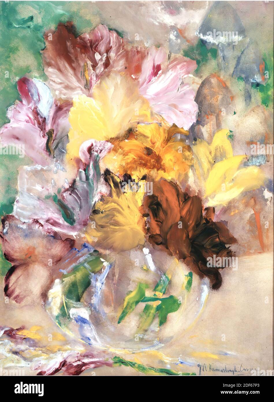 Les Fleurs du Mal, Gouache, Menso Kamerlingh Onnes, 1883, Signature Front, Unten right: M. Kamerlingh Omnes 1883, Gouache, Aquarell, Papier, bemalt, Allgemein (Maße aus Katalog 1983): 65 x 48 cm (650 x 480 mm), Tagesgröße: 64 × 48,5 cm (640 × 485 mm), mit Rahmen (ohne Aufhängeösen): 104.8 × 81.8 × 1,8 cm (1048 × 818 × 18 mm), Stillleben, Tulpe, Vase, Gouache, die welkende Tulpen in einer kugelförmigen Glasvase zeigt. Die Tulpen haben verschiedene Farben, weiß, rosa, gelb und orange. Signiert unten rechts. Die Arbeit ist Passe-partout gerahmt in einem weiß bemalten Holzrahmen mit Rippenmuster, dahinter Stockfoto