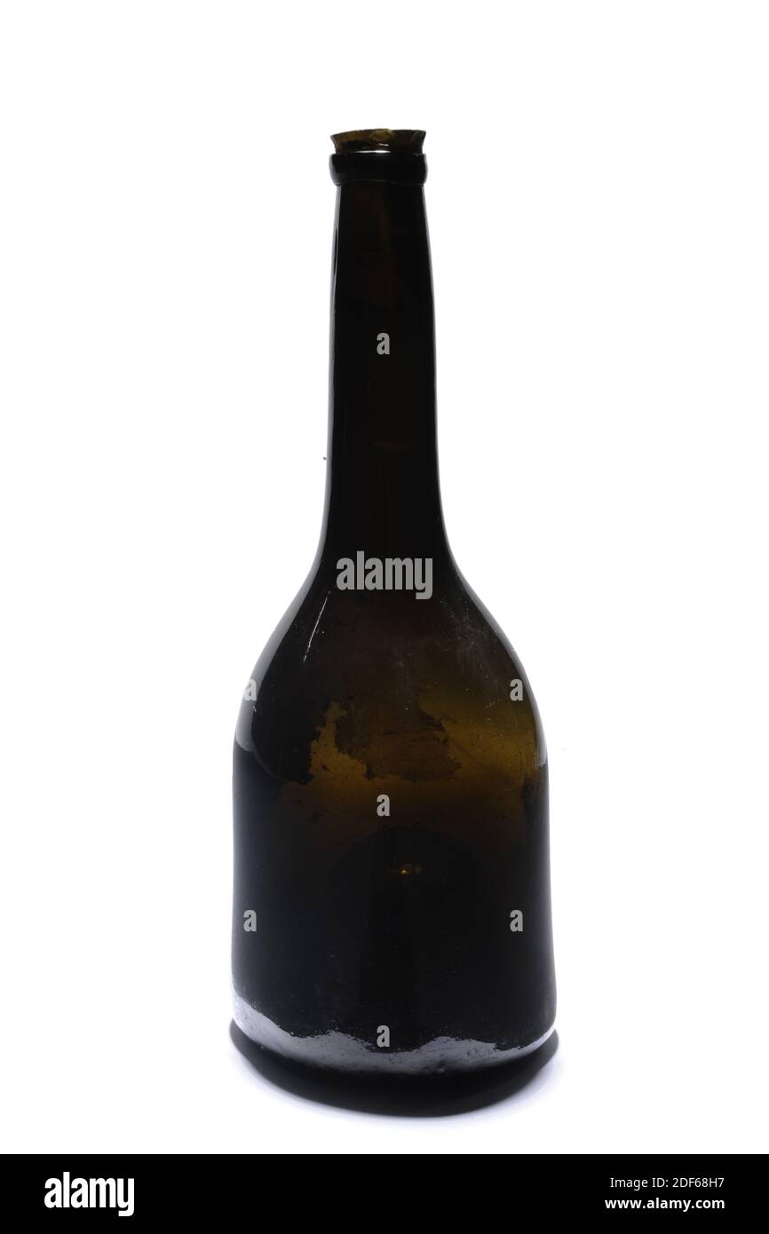 Flasche, Anonym, 18. Jahrhundert, geblasen, Allgemein: 18.3 x 14cm (183 x 140mm), Flasche Moos grünes Glas. Die Flasche hat eine runde Seele und einen fast runden Bauch. Mit schmal zulaufendem Hals mit Kragen, 1893 Stockfoto