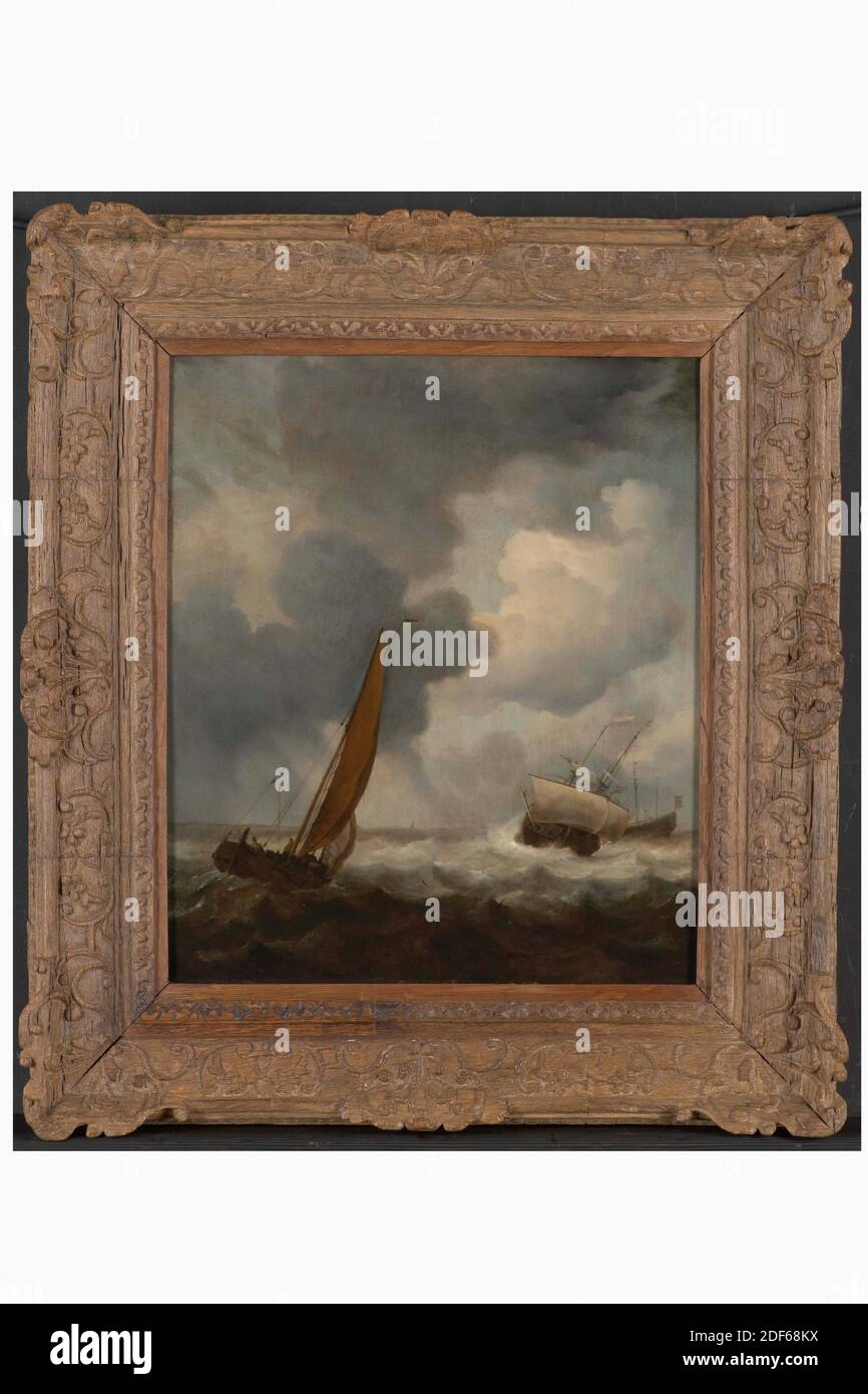 Malerei, Willem van de Velde der Jüngere, c. 1650-1655, Signaturfront, auf dem Banner des Frontschiffes: W V. [unklar], Tafel, Ölfarbe, bemalt, Transporteur: 48.3 × 41.2 × 0,4cm (483 × 412 × 4mm), mit Rahmen: 70 × 61.5 × 7cm (700 × 615 × 70mm), Seascape, Segelschiff, Seascape mit Segelschiffen. Unter einem hohen Himmel mit weißen und dunklen, sich aufziehenden Wolken segelt ein einziger Meister mit hohem braunen Segel diagonal von links zu zwei anderen Schiffen, Die sich auf dem zweiten Plan von rechts befinden, wobei der vorderste ein Zweimaster ist, segelt in entgegengesetzte Richtungen über die schrägen Wellen mit teilweise Stockfoto