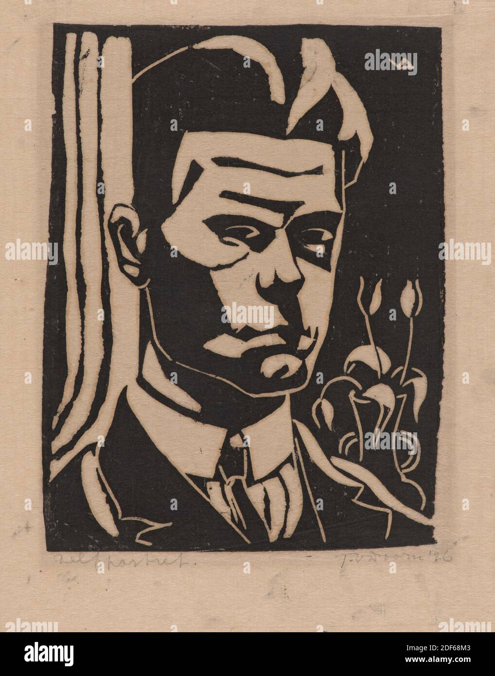 Gemälde, Laurent van der Windt, Anfang des 20. Jahrhunderts, Tafel, Ölfarbe, bemalt, Träger: 17.5 × 16,7cm (175 × 167mm), mit Rahmen: 33 × 30 × 5cm (330 × 300 × - 50mm), Selbstportrait, Männerportrait, Selbstportrait von Laurent van der Windt. Er ist bis zur Brust dargestellt, ganz nach links gerichtet und nach links schauend. Er hat einen kurzen spitzen Bart und trägt eine Mütze. Das Licht kommt von rechts und lässt das Gesicht weitgehend im Schatten. Nicht signiert. Das Gemälde ist in einem gebeizten Holzrahmen mit einem vergoldeten Innenrand. Auf der Rückseite des Panels auf einem Etikett des Spenders ist: Selbstporträt Stockfoto